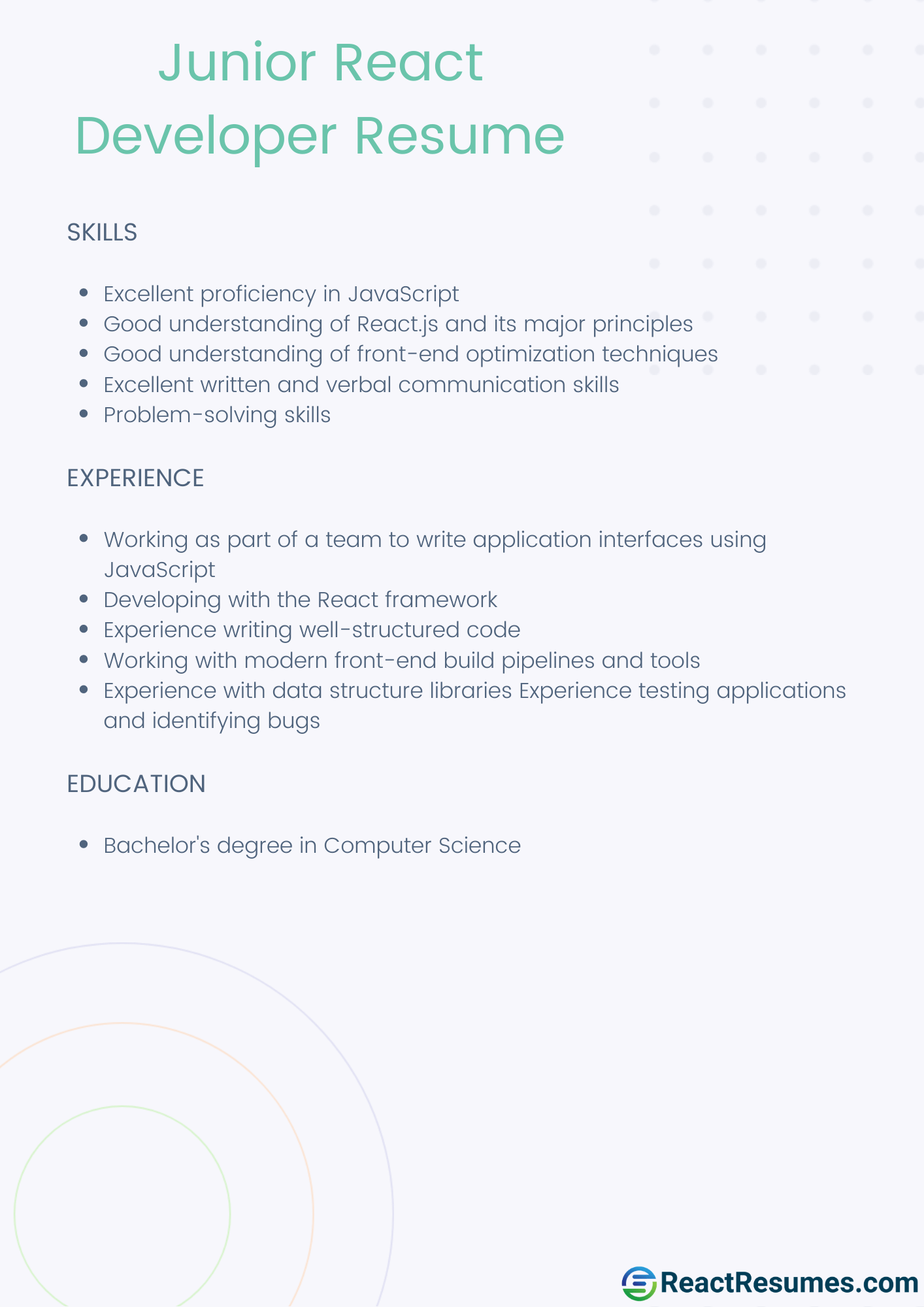 junior react developer resume sample