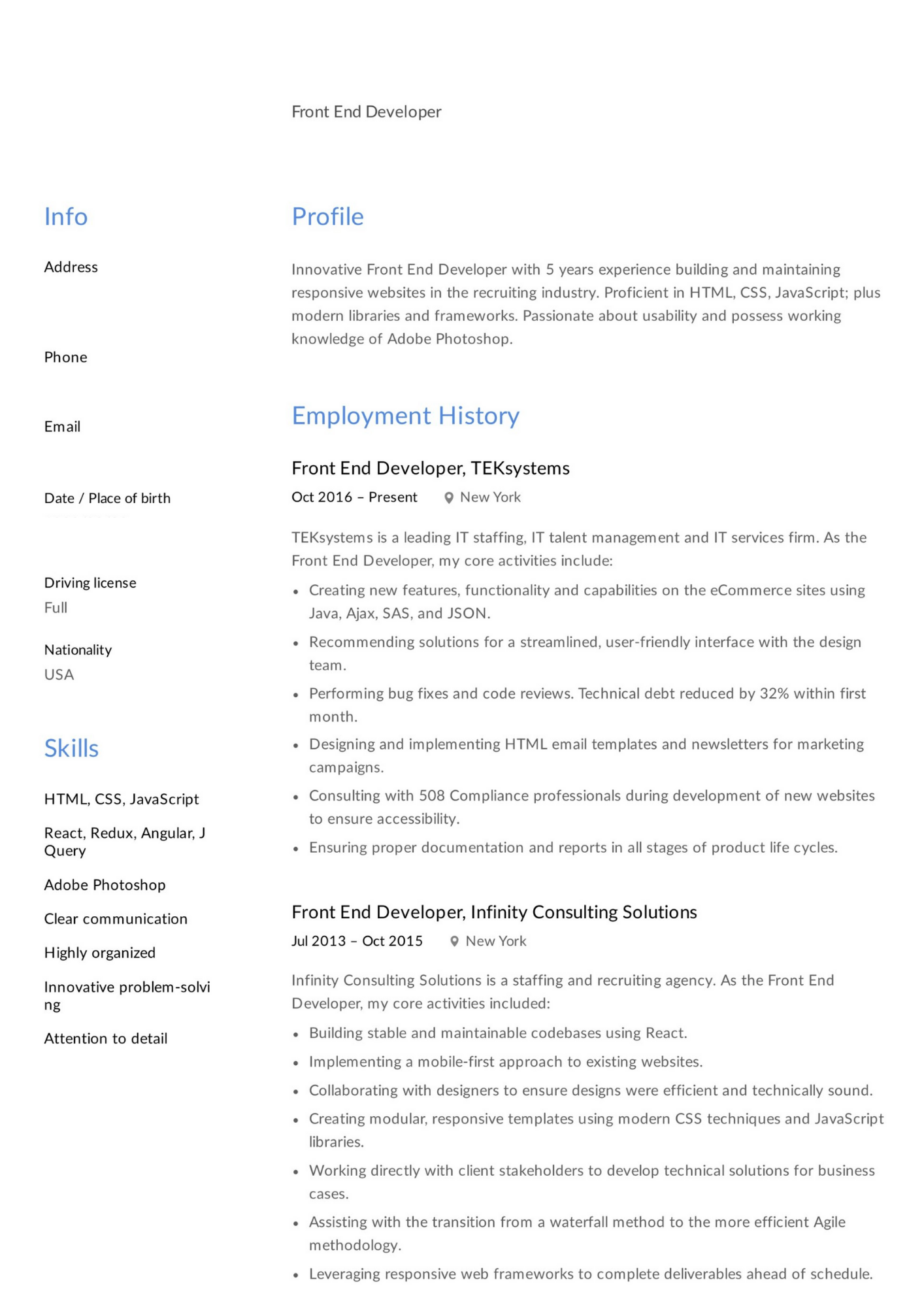 front end dev with react skills resume example