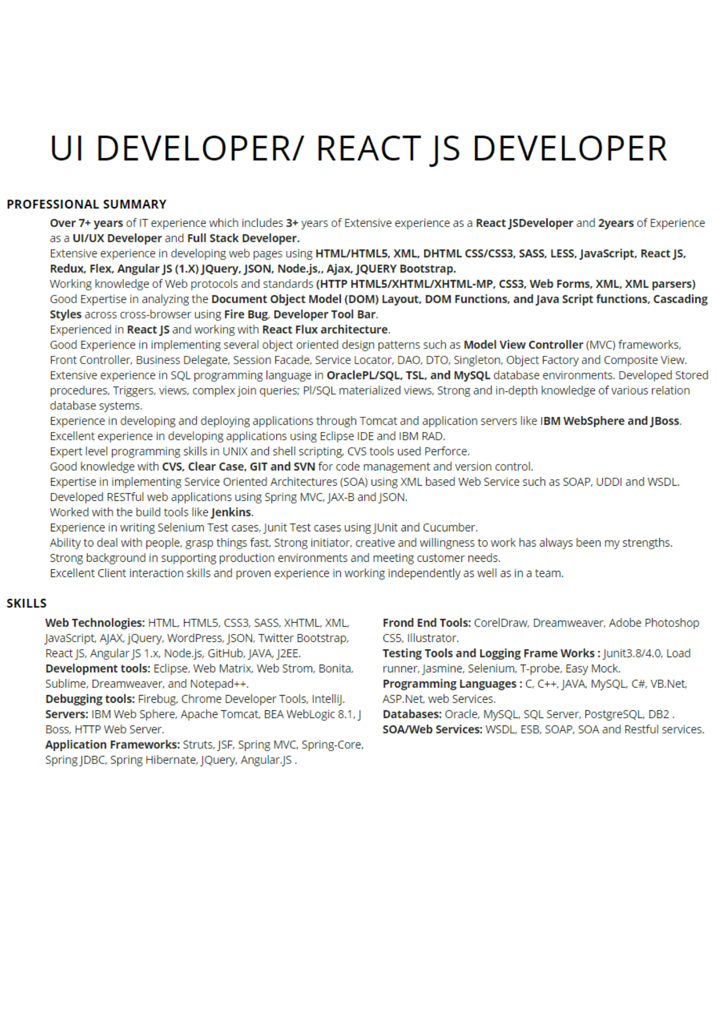 sample resume software developer java and reactjs ui