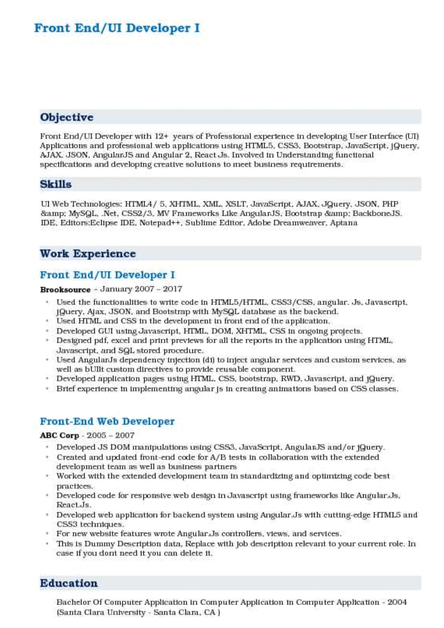 front end ui programmer resume sample