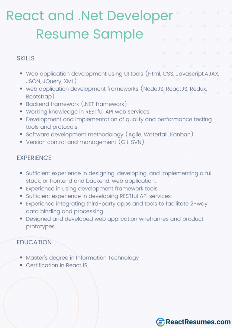 React and .NET Developer Resume Samples | React Resumes