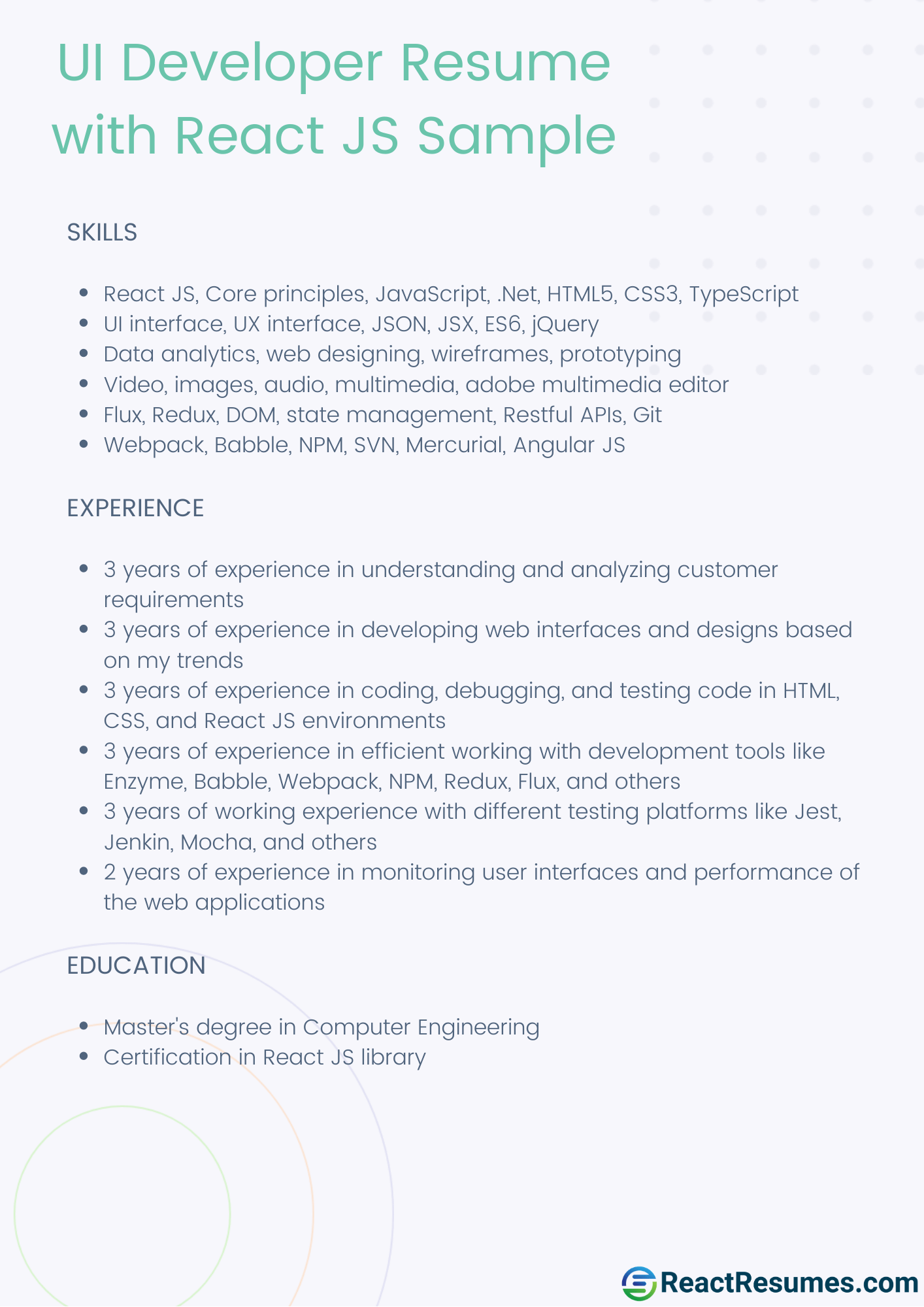 ui developer resume with react js